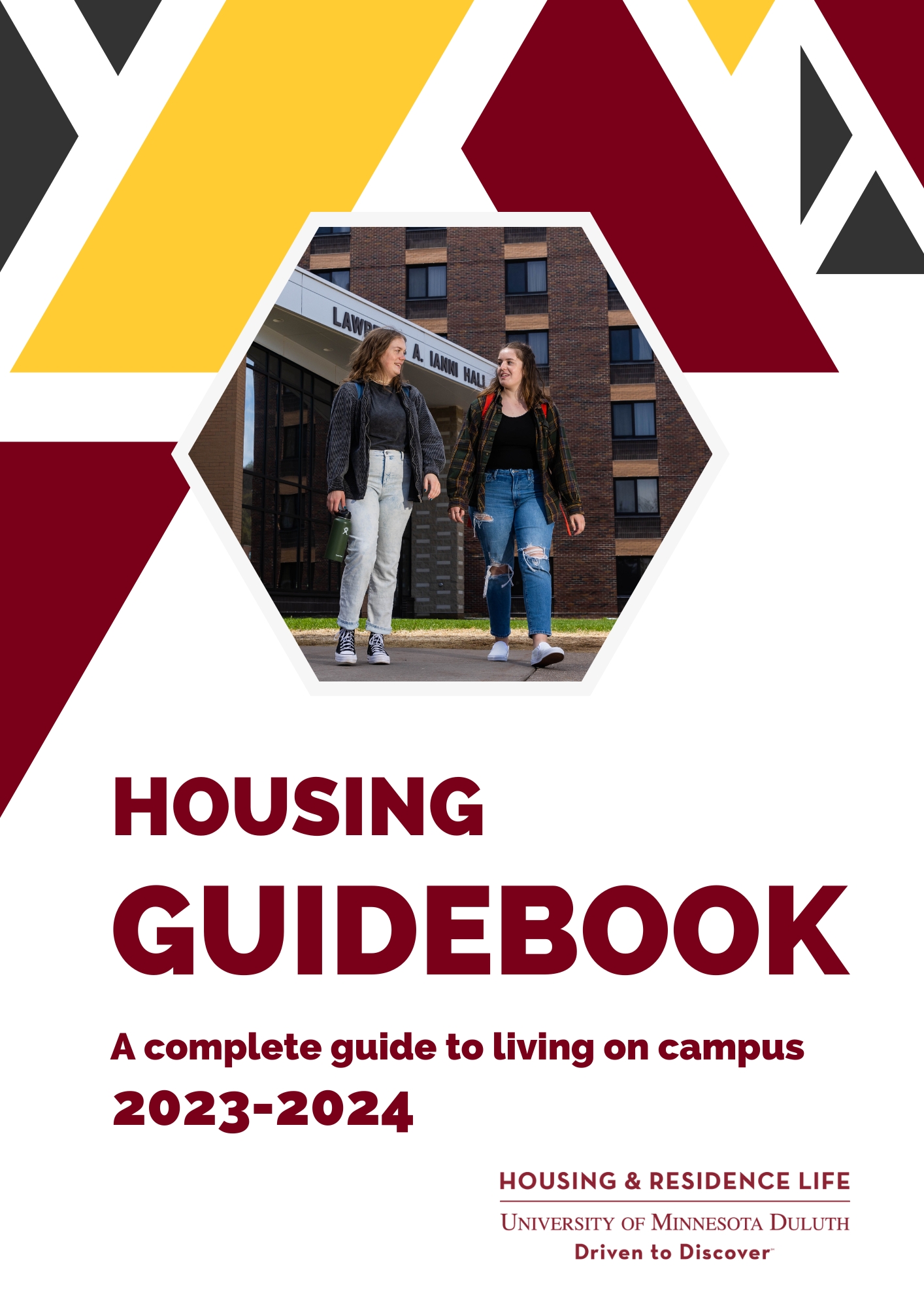 Cover of Housing Guidebook: A complete guide to living on campus. 2023-2024. Two students walking with Ianni Hall in the background