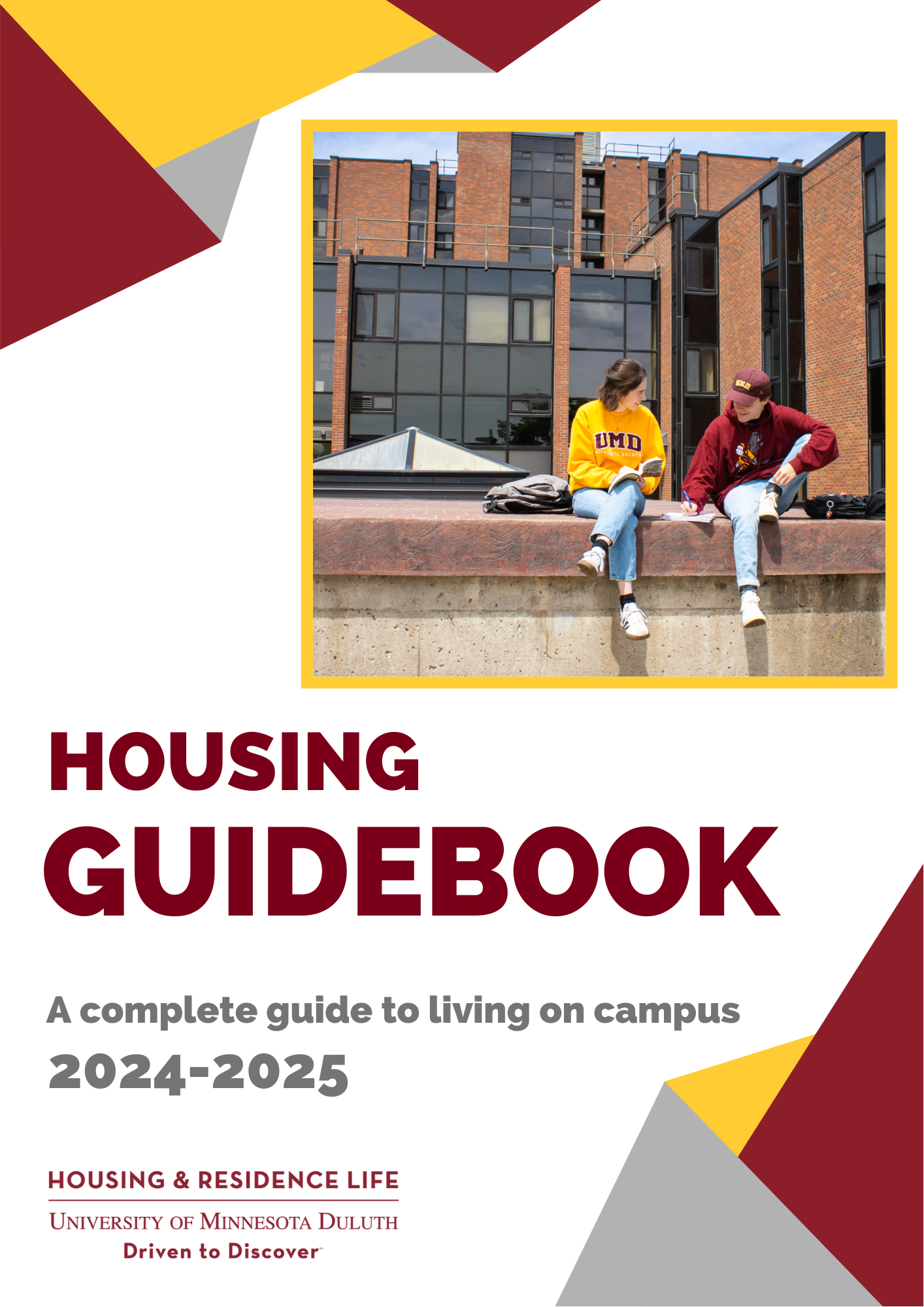 The image says "Housing Guidebook. A complete guide to living on campus. 2024-2025. The picture is of two students sitting on a ledge.